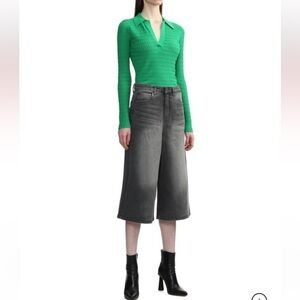 H&M Perforated Green Long Sleeve Collard Top Size Medium